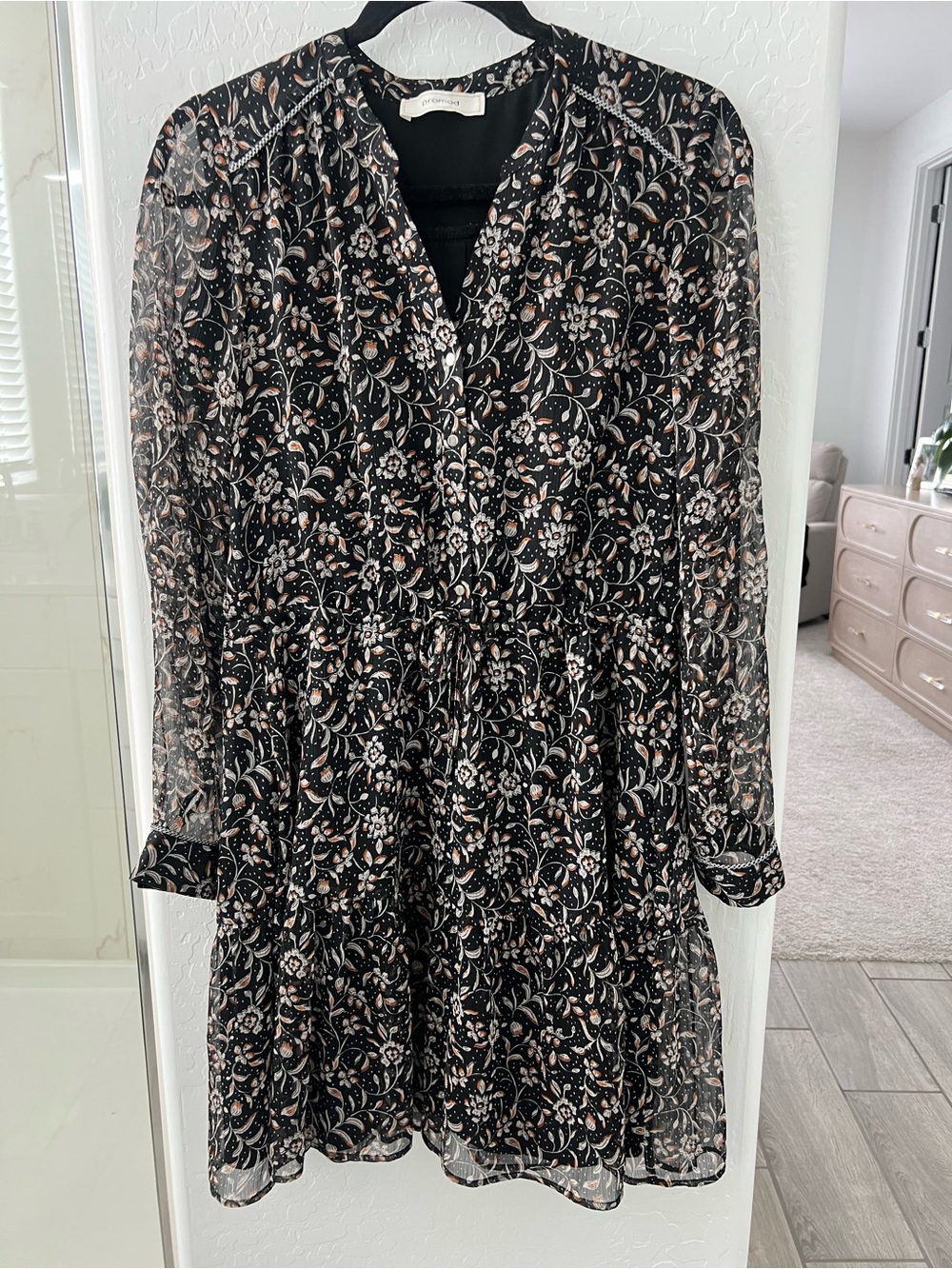 Promod Black Floral Long-Sleeve Dress Size S
